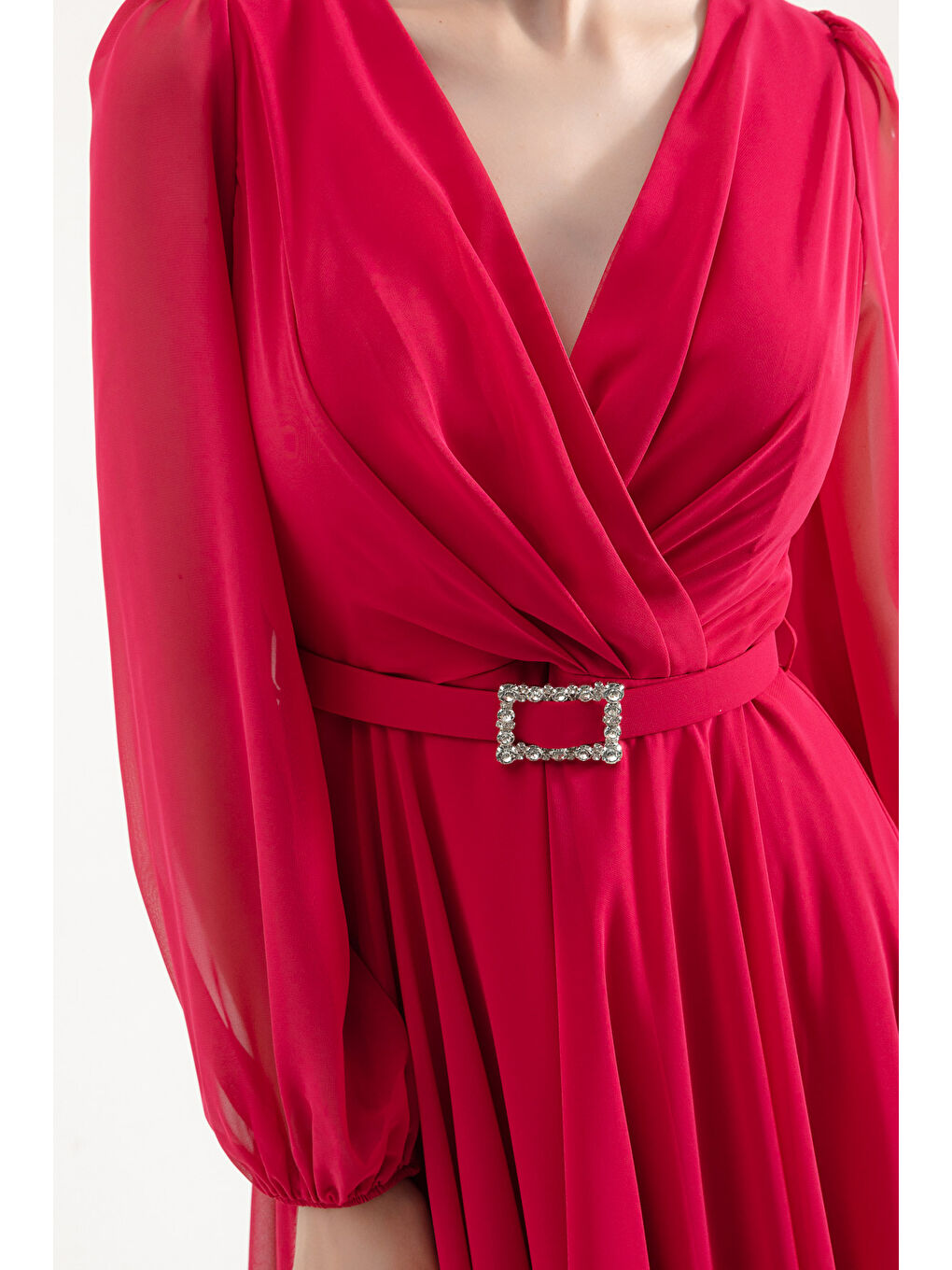 Kadın Fuşya Kemerli Midi Şifon Abiye Elbise-3