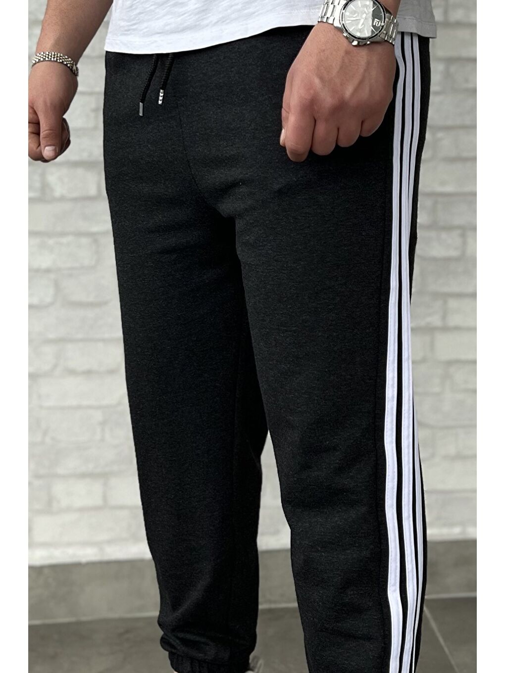 Antrasit Erkek Bel Ve Paça Lastikli Yan Şerit Detaylı Eşofman Altı-3