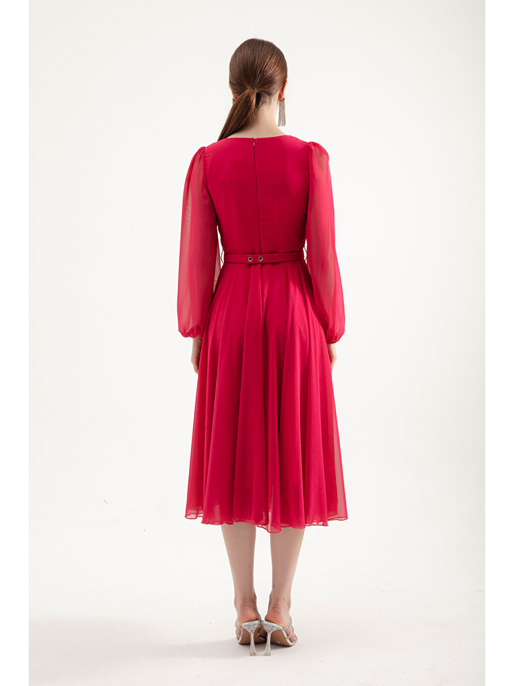 Kadın Fuşya Kemerli Midi Şifon Abiye Elbise-4