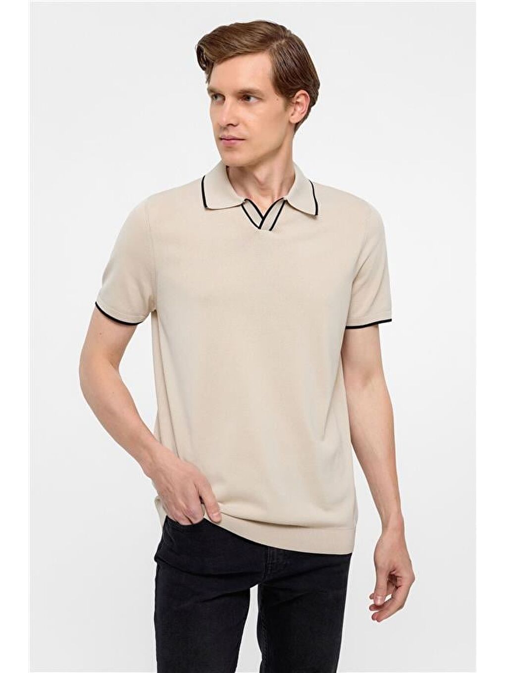 Bej Regular Düz Polo Yaka Triko-1