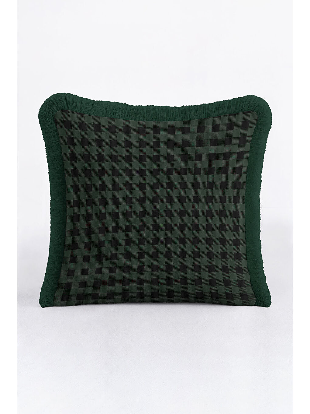 Karışık Lüks Ekose Saçaklı Yastık Kılıfı - Yeşil Kareli Klasik Rustik Püsküllü Kırlent Kılıfı-2