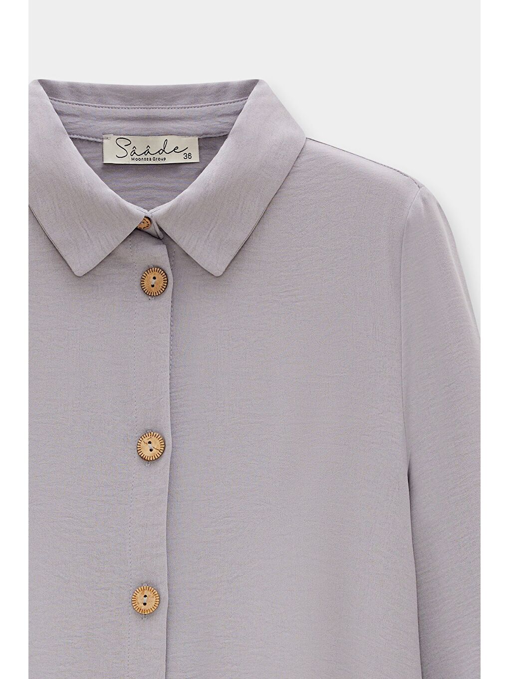 Gri Kadın Gömlek Yaka Ahşap Düğmeli Kolağzı Lastikli Aerobin Dokuma Tunik - Regular Fit-2