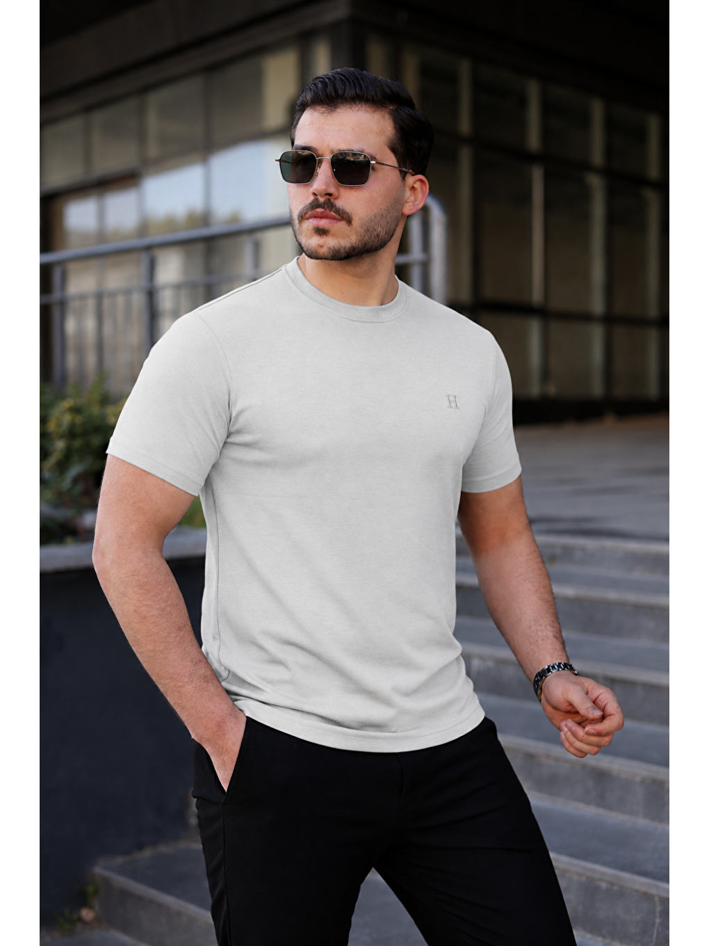Erkek Kısa Kol Yazlık Baskılı A.gri Dar Tişört-5
