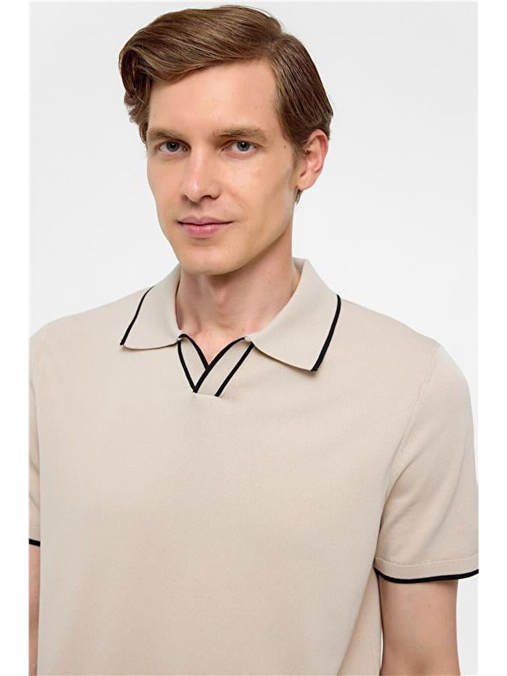 Bej Regular Düz Polo Yaka Triko-2