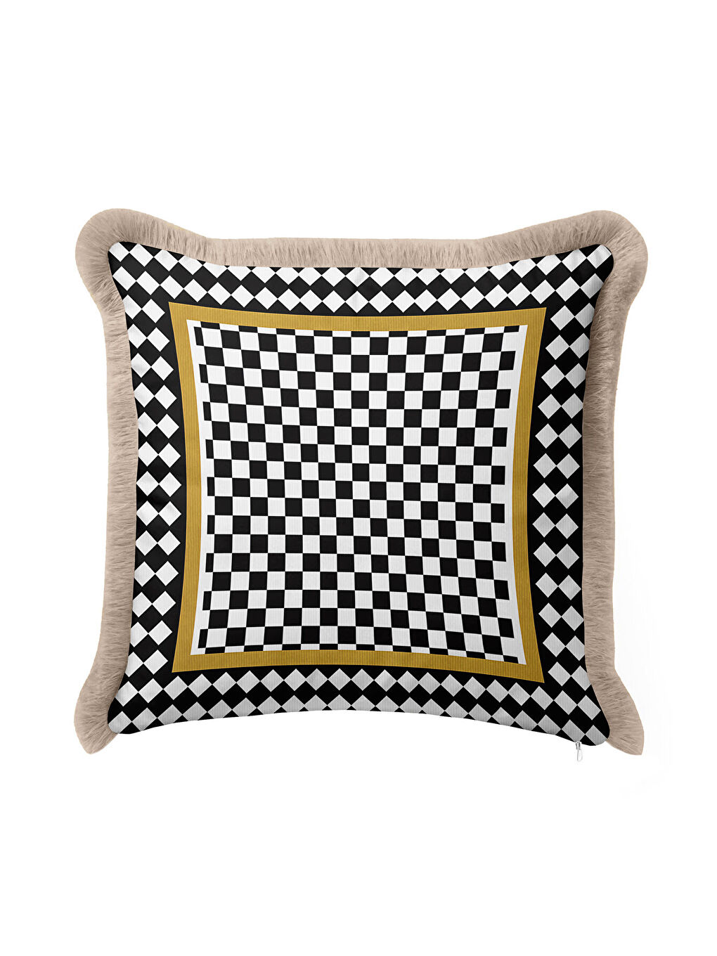 Karışık Lüks Retro Satranç Saçaklı Yastık Kılıfı - Optik İllüzyon Siyah Beyaz Gold Püsküllü Kırlent Kılıfı-4