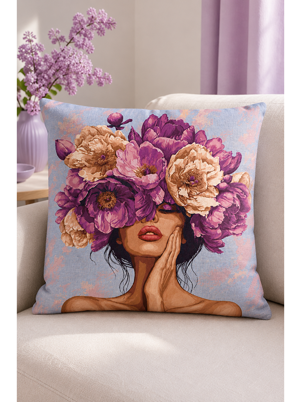 Mor Çiçek Taçlı Kadın Portre Dekoratif Kırlent Kılıfı Bohem Salon Dekor 43x43 Cm-7