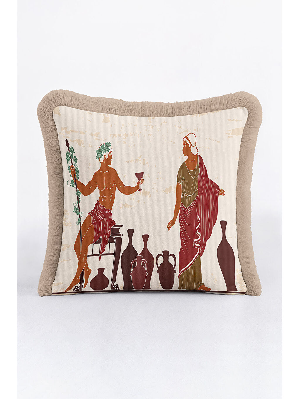Karışık Antik Yunan Motifli Saçaklı Yastık Kılıfı - Klasik Etnik Bej Bordo Püsküllü Kırlent Kılıfı