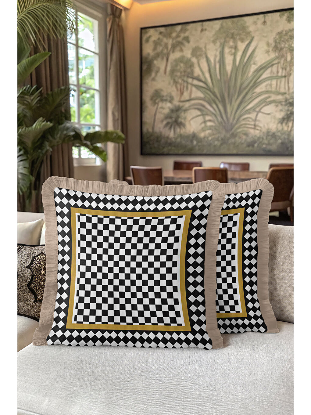 Karışık Lüks Retro Satranç Saçaklı Yastık Kılıfı - Optik İllüzyon Siyah Beyaz Gold Püsküllü Kırlent Kılıfı-5