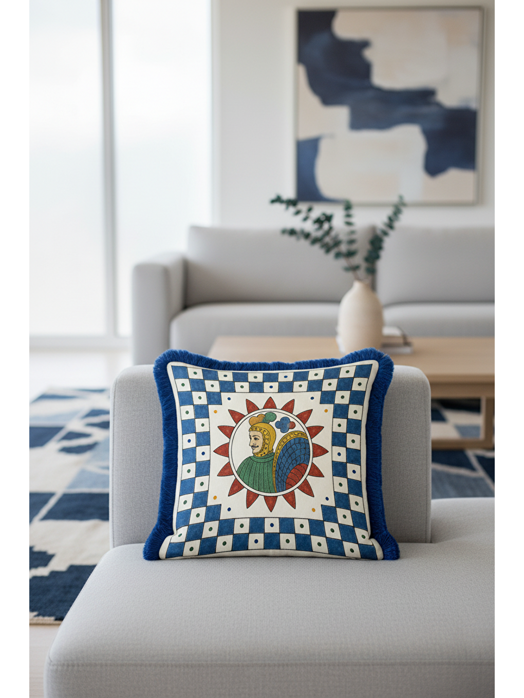 Karışık Saray Motifli Saçaklı Yastık Kılıfı - Mitolojik Figürlü Bohem Mavi Krem Püsküllü Kırlent Kılıfı-2