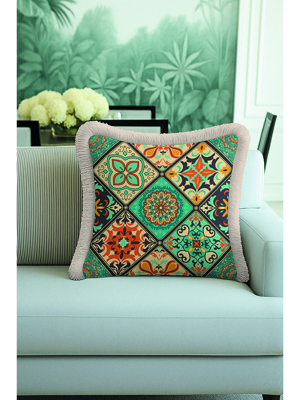 Karışık Avangart Mozaik Saçaklı Yastık Kılıfı - Vintage Etnik Mint Turuncu Gri Püsküllü Kırlent Kılıfı