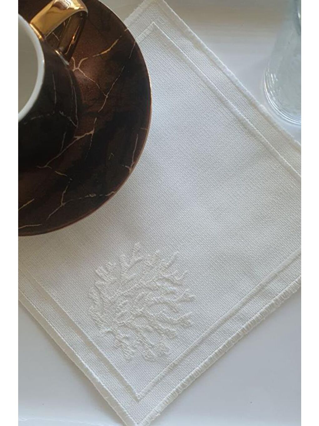 Ekru Kar Tanesi Nakışlı Kare Bardak Altlığı Seti 6 Lı Krem-1