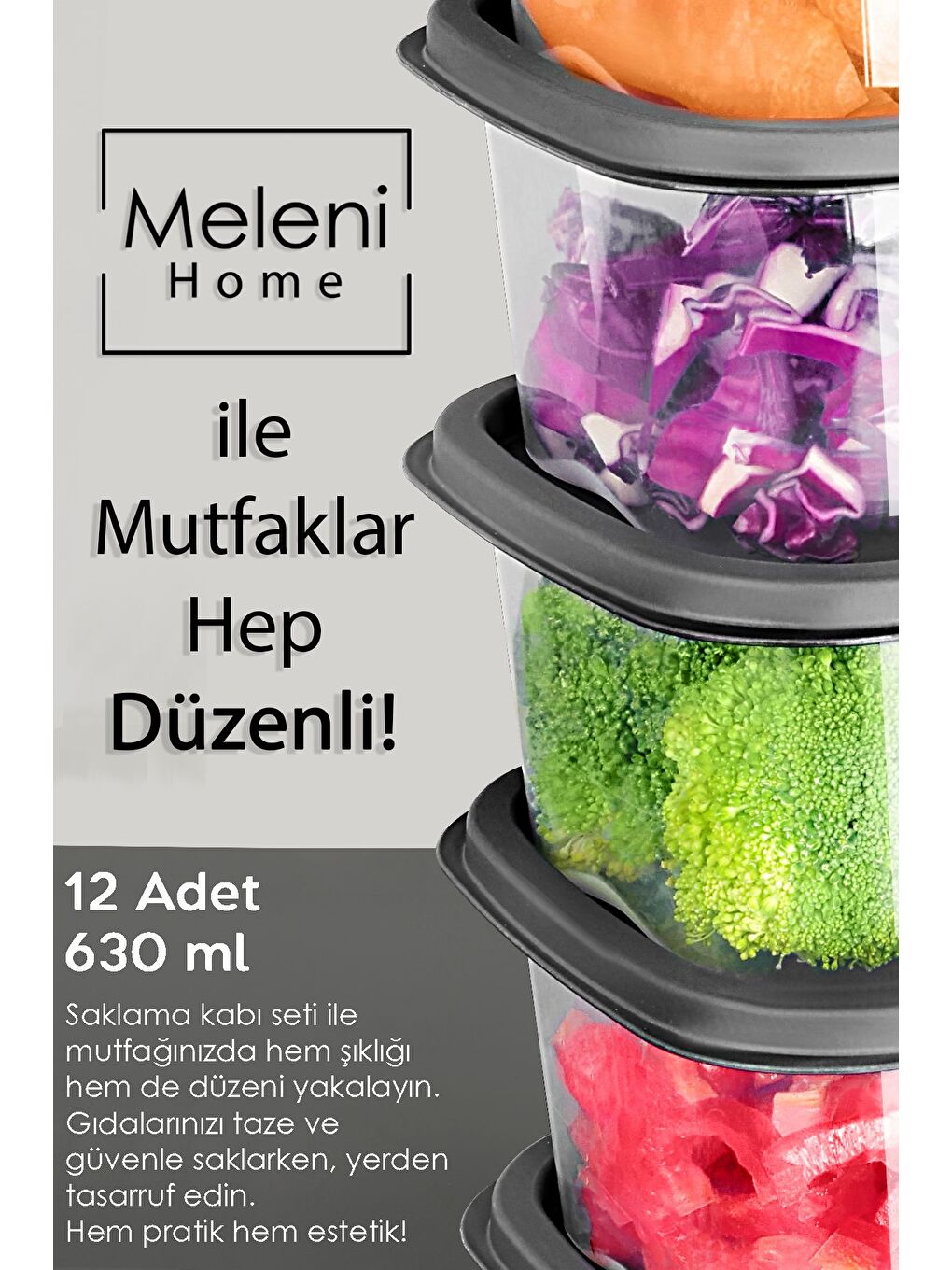 Gri 12 Adet Kare Erzak Gıda Saklama Kabı 630 ml Antrasit-2