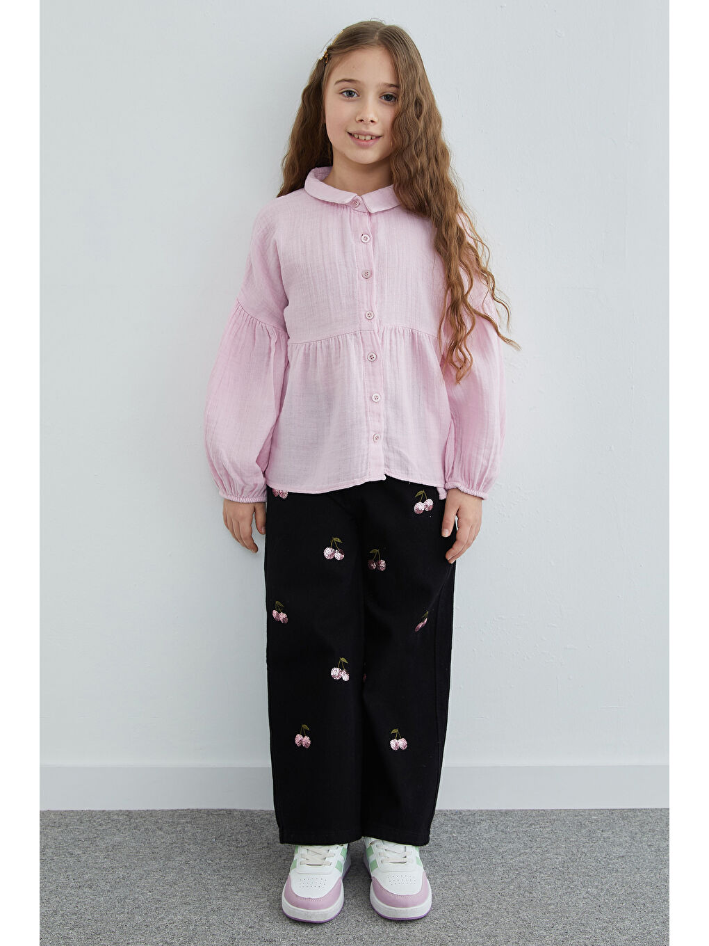 Pembe Balon Kol Müslin Kumaş Kız Çocuk Gömlek-1