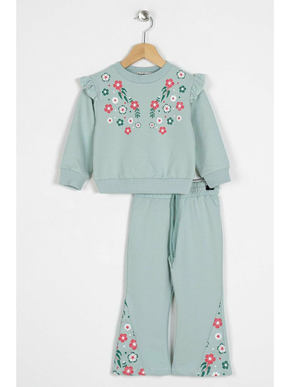 Yeşil Bisiklet Yaka Çiçek Nakışlı Kız Çocuk İkili Takım