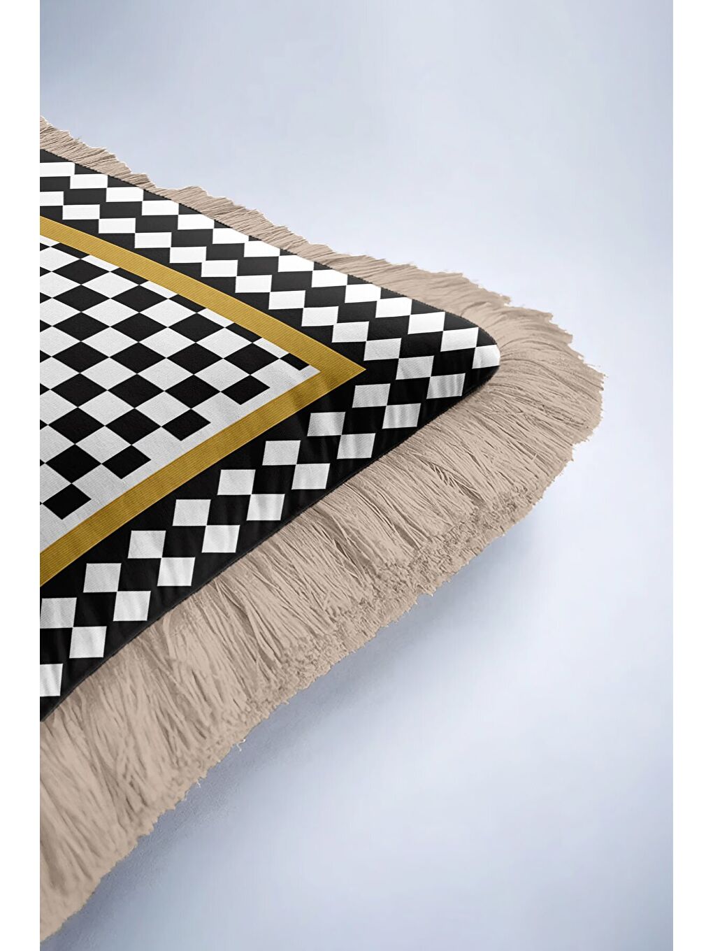 Karışık Lüks Retro Satranç Saçaklı Yastık Kılıfı - Optik İllüzyon Siyah Beyaz Gold Püsküllü Kırlent Kılıfı-6