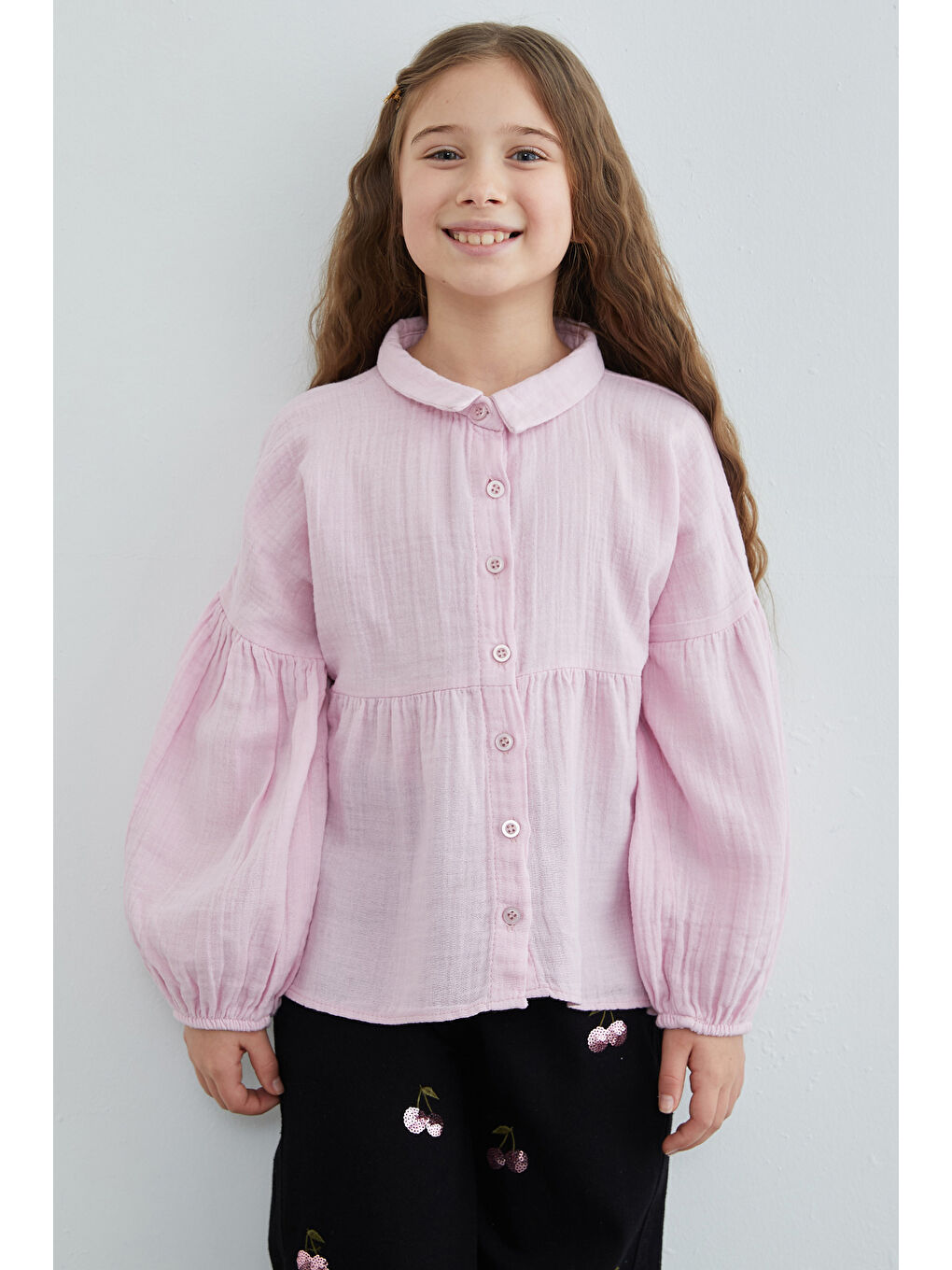 Pembe Balon Kol Müslin Kumaş Kız Çocuk Gömlek-2