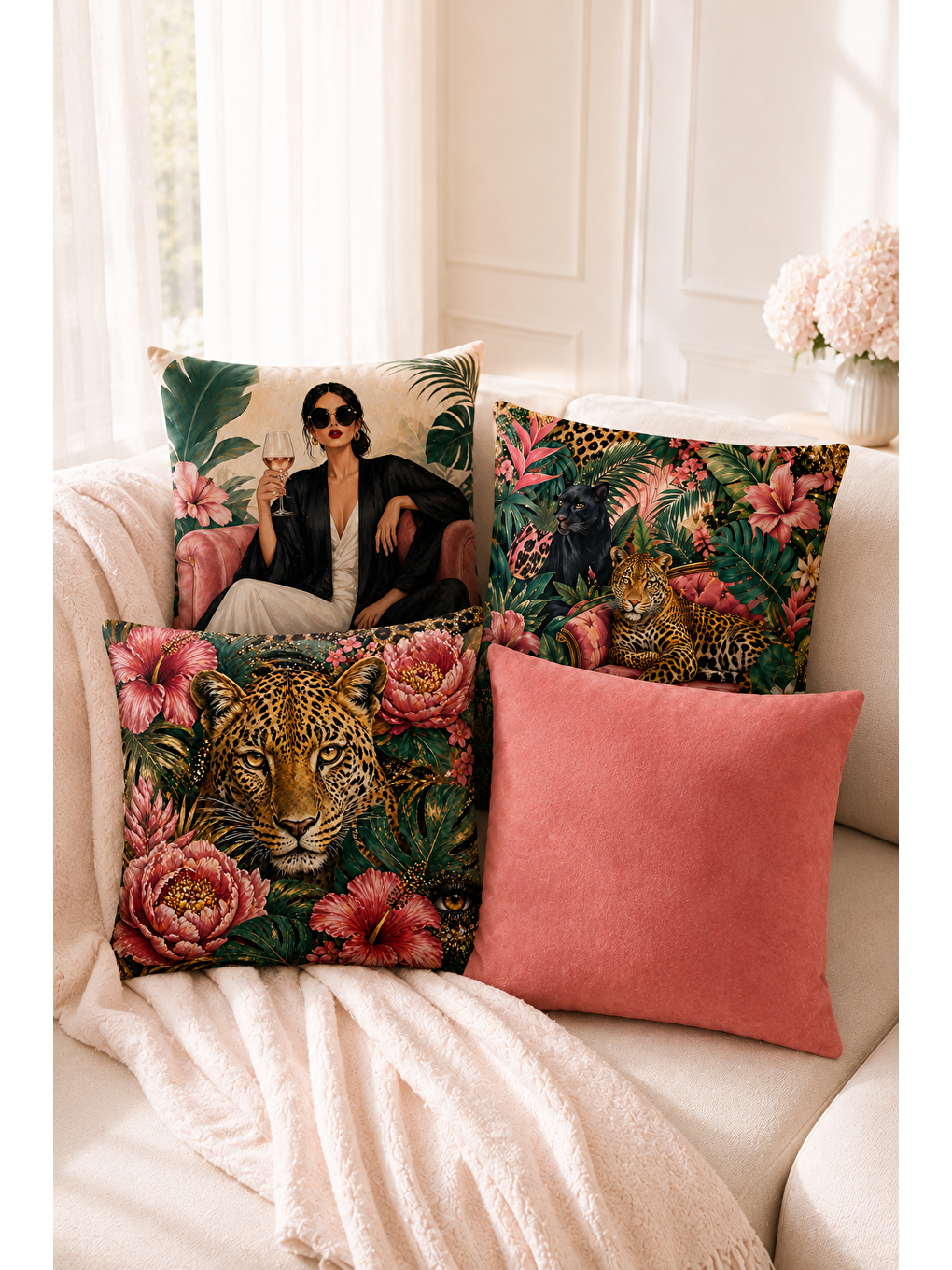 Karışık Tropikal Leopar Ve Kadın Baskılı Dekoratif Kırlent Kılıfı 43x43 Cm Modern Dekor-6