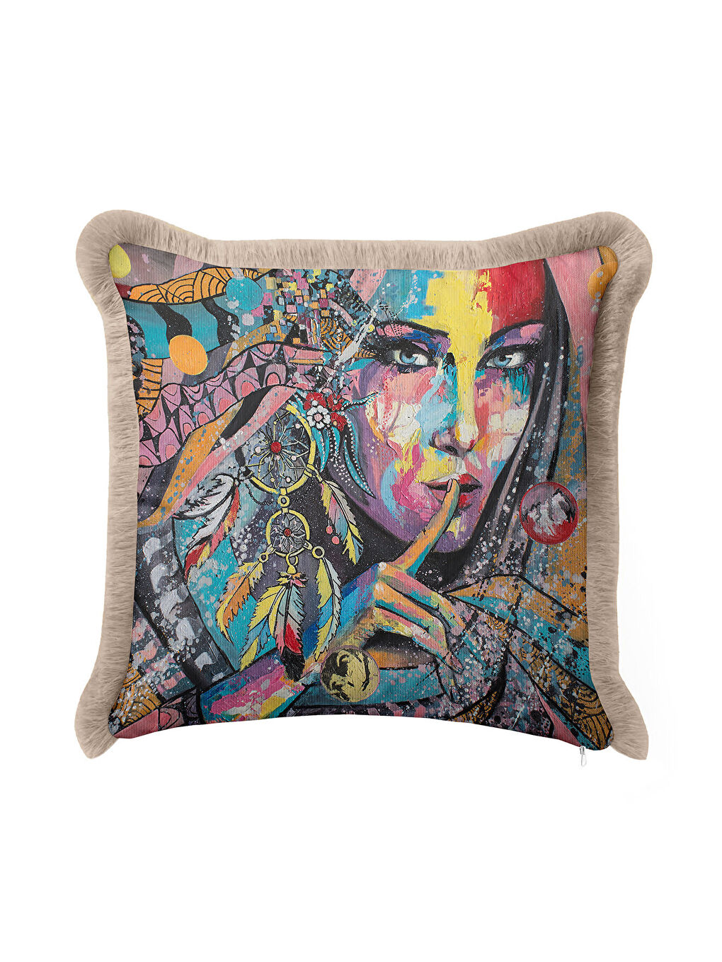 Karışık Renkli Sanat Portre Saçaklı Yastık Kılıfı - Bohem Etnik Vurgulu Mavi Bej Püsküllü Kırlent Kılıfı-1