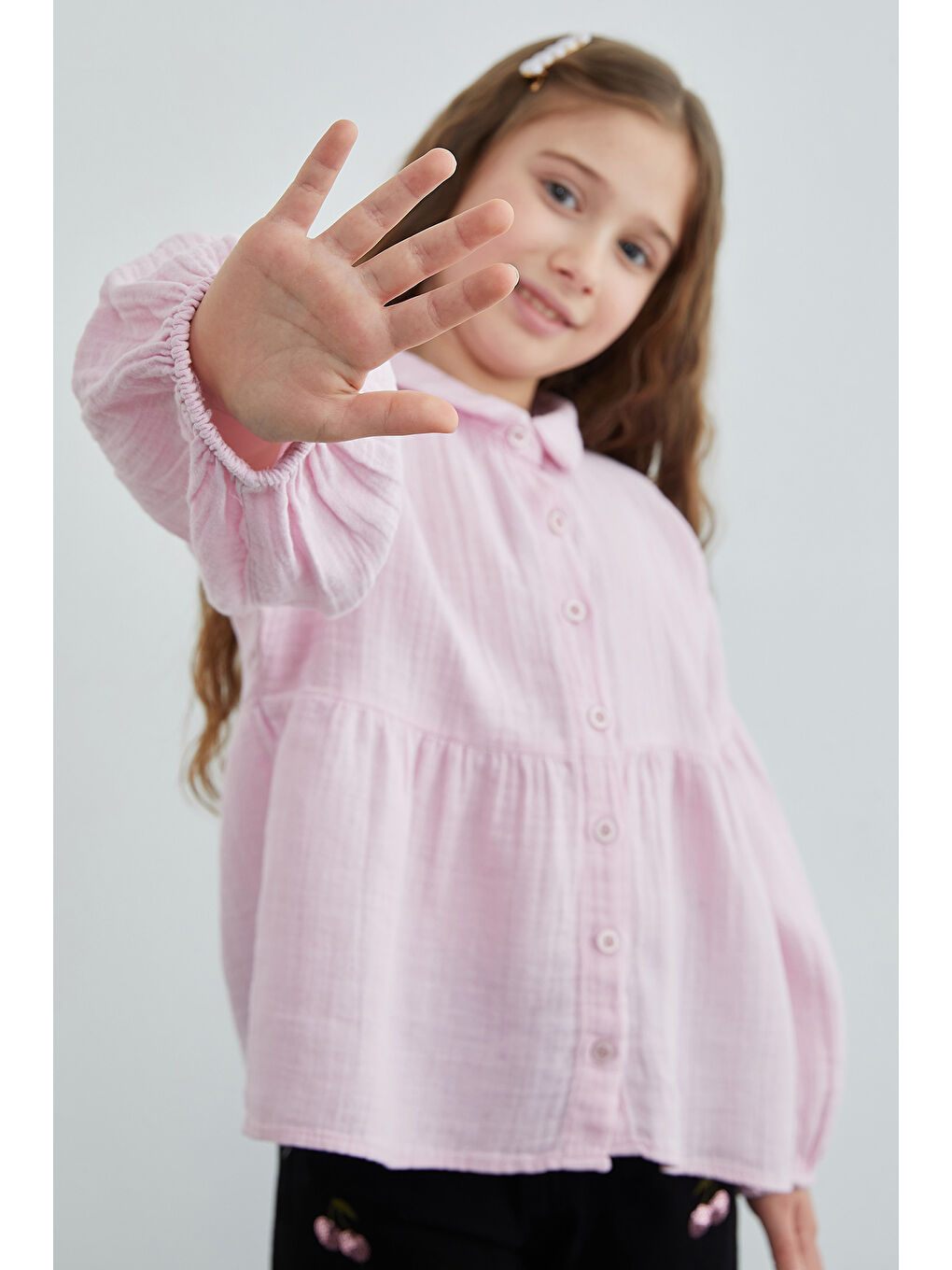 Pembe Balon Kol Müslin Kumaş Kız Çocuk Gömlek-3