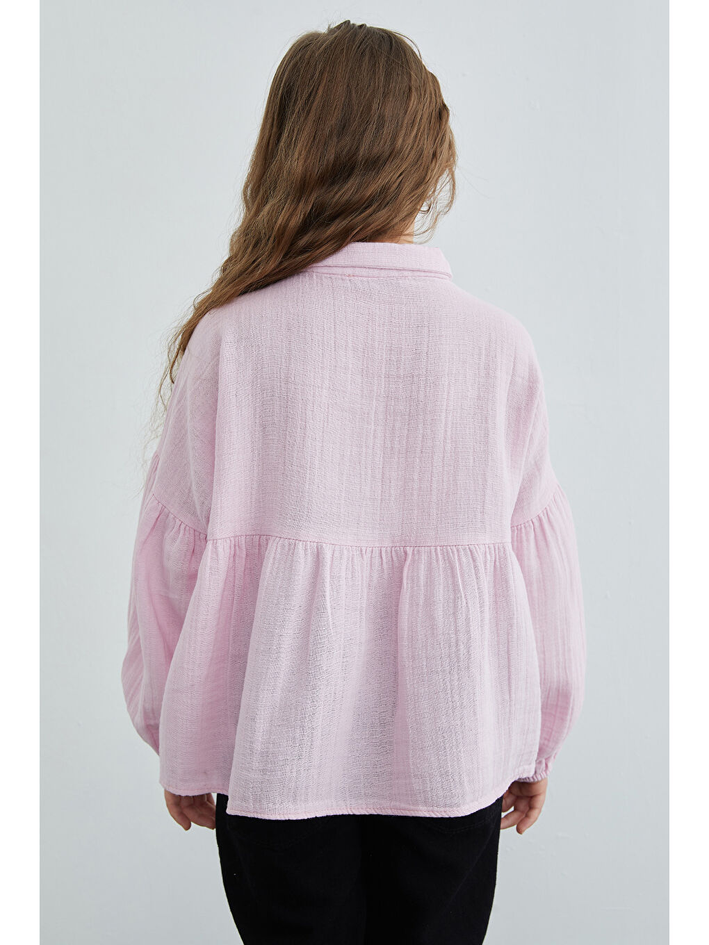 Pembe Balon Kol Müslin Kumaş Kız Çocuk Gömlek-4