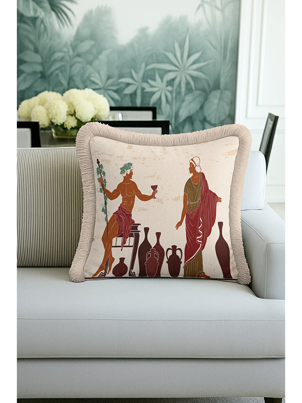 Karışık Antik Yunan Motifli Saçaklı Yastık Kılıfı - Klasik Etnik Bej Bordo Püsküllü Kırlent Kılıfı-1