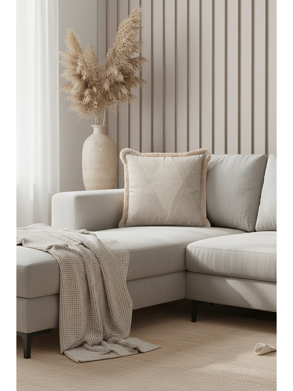 Karışık Modern Lüks Saçaklı Yastık Kılıfı - Doğal Doku Rustik Bej Püsküllü Kırlent Kılıfı-4