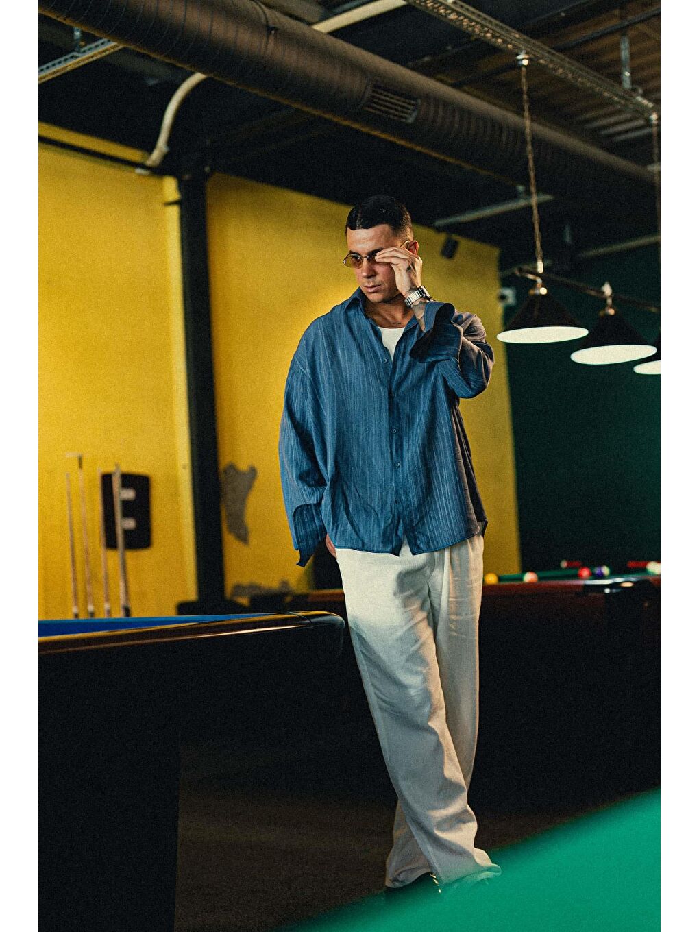 Erkek Dokulu Desenli Çizgili Oversize Gömlek Mavi-3