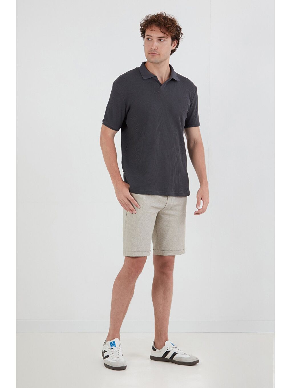 Antrasit Waffle Kumaş Polo Yaka Tişört-2