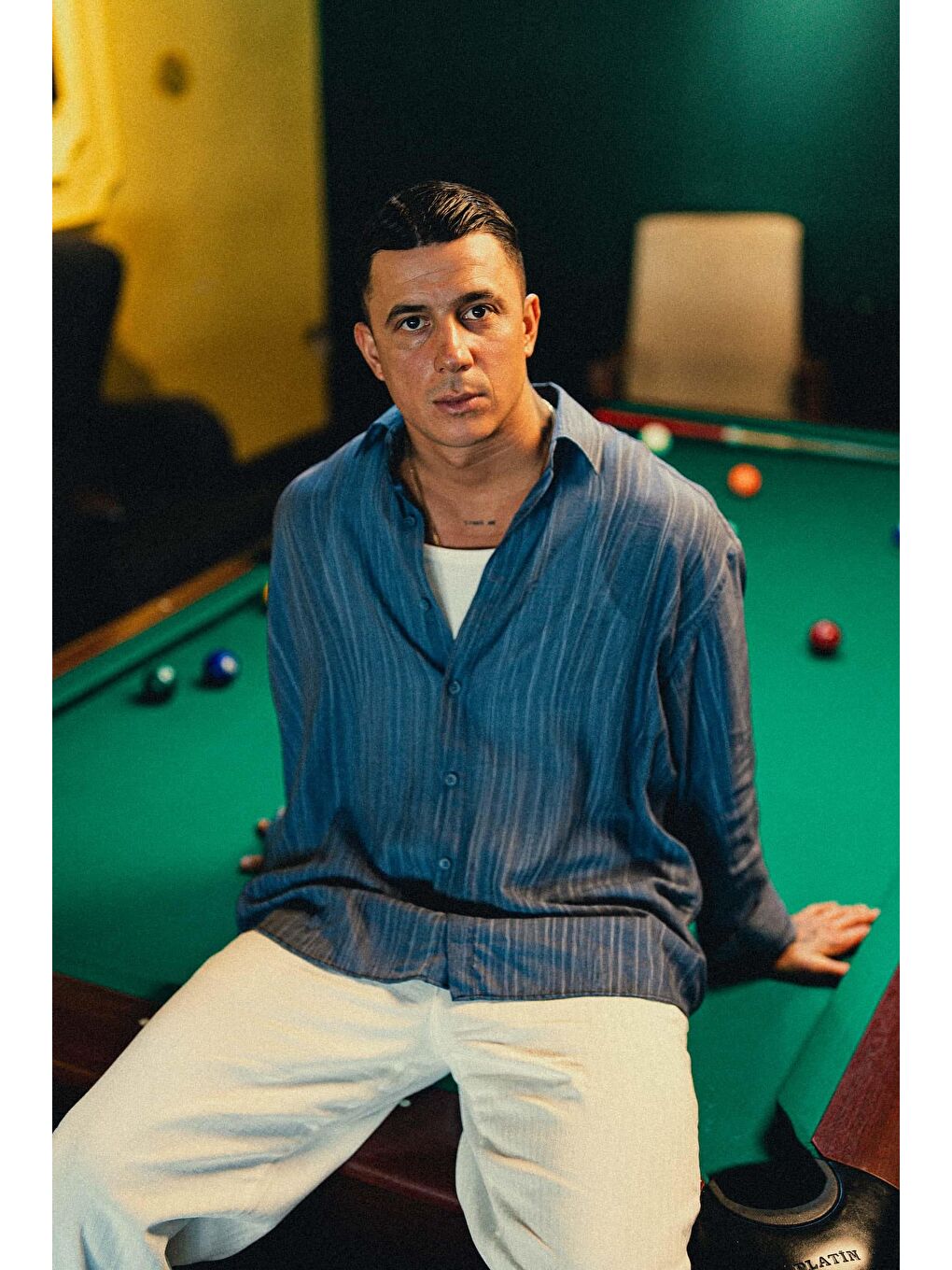 Erkek Dokulu Desenli Çizgili Oversize Gömlek Mavi-4