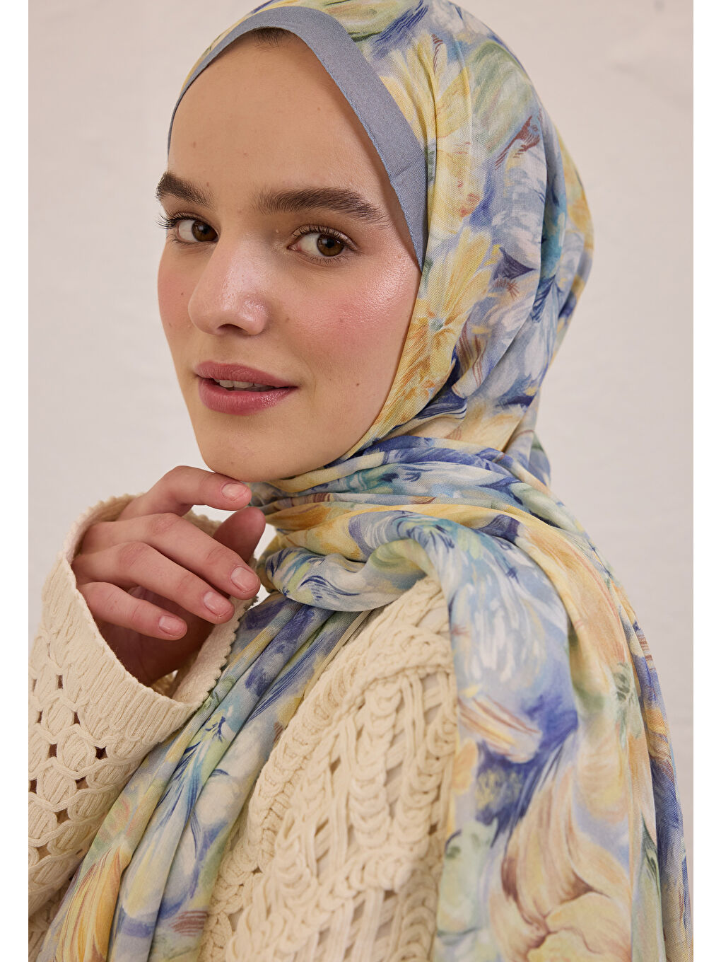 Pure Flora Desen Rami Şal Soft Mavi-3