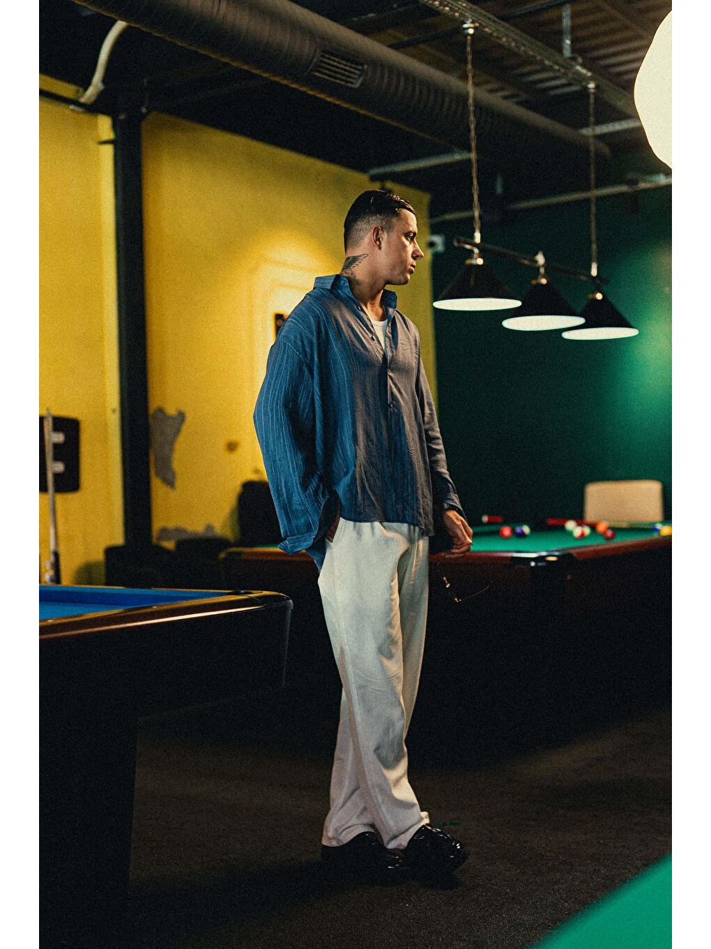 Erkek Dokulu Desenli Çizgili Oversize Gömlek Mavi-5