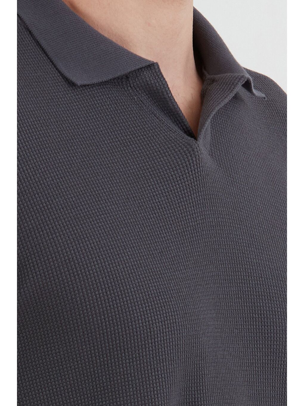 Antrasit Waffle Kumaş Polo Yaka Tişört-4