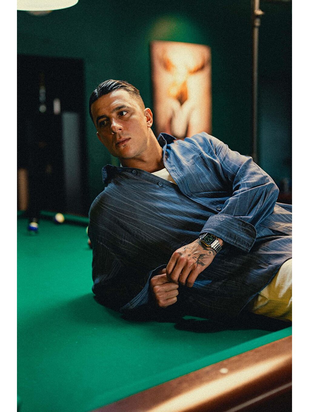 Erkek Dokulu Desenli Çizgili Oversize Gömlek Mavi-6