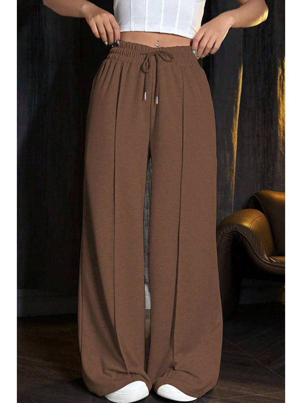 Kadın Kahverengi Çımalı 2 Iplik Bol Paça Eşofman Altı-1