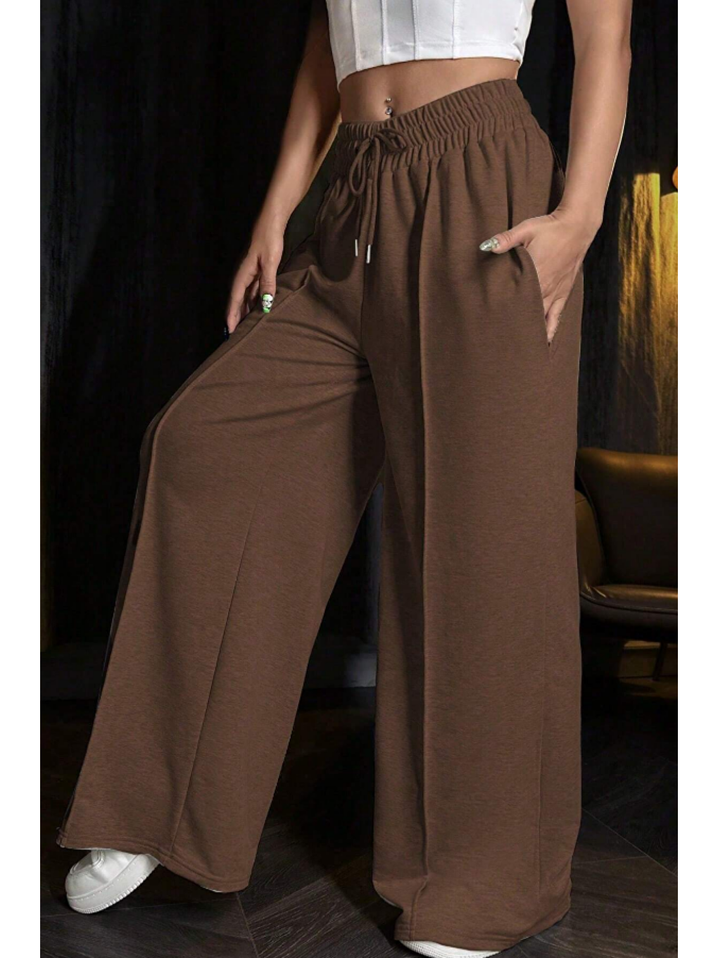 Kadın Kahverengi Çımalı 2 Iplik Bol Paça Eşofman Altı-2