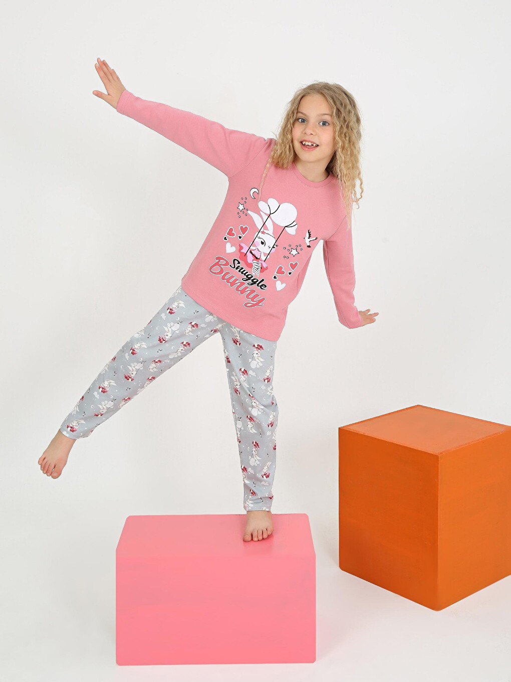 Pembe Kız Çocuk Uzun Kollu %100 Pamuklu Pijama Takımı Snuggle Bunny