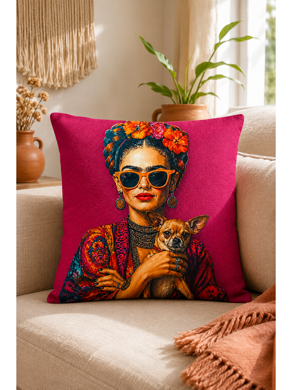 Fuşya Çiçek Taçlı Kadın Köpek Desenli Dekoratif Kırlent Kılıfı Bohem Pop Art Dekor 43x43 Cm