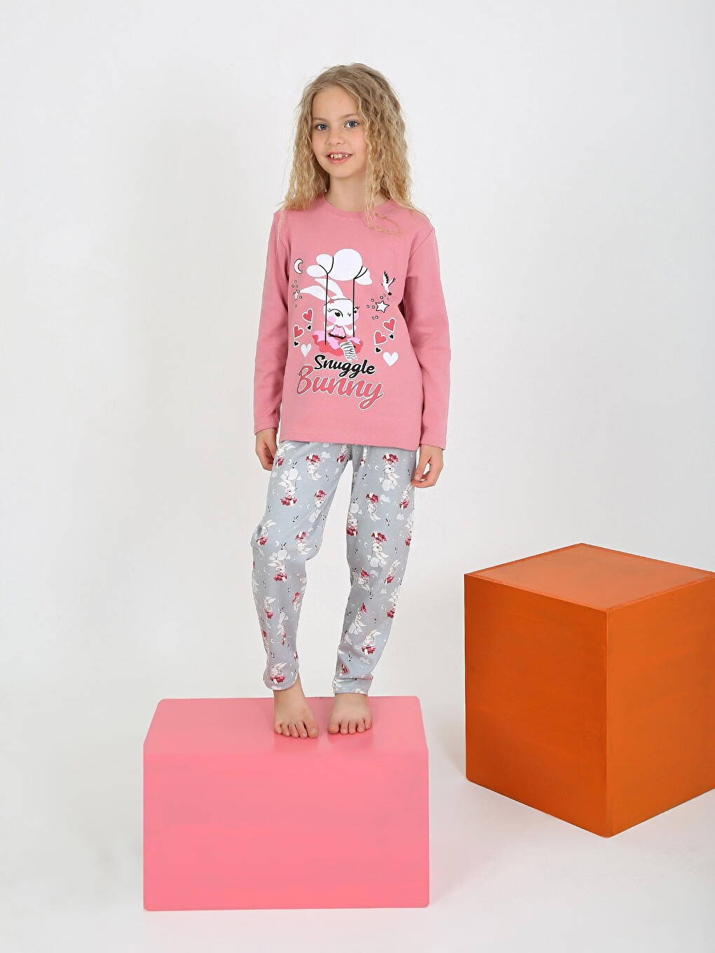 Pembe Kız Çocuk Uzun Kollu %100 Pamuklu Pijama Takımı Snuggle Bunny-1