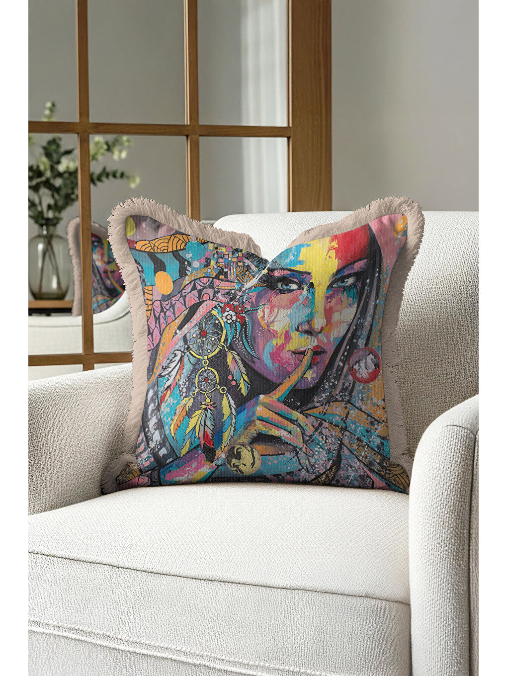 Karışık Renkli Sanat Portre Saçaklı Yastık Kılıfı - Bohem Etnik Vurgulu Mavi Bej Püsküllü Kırlent Kılıfı-2