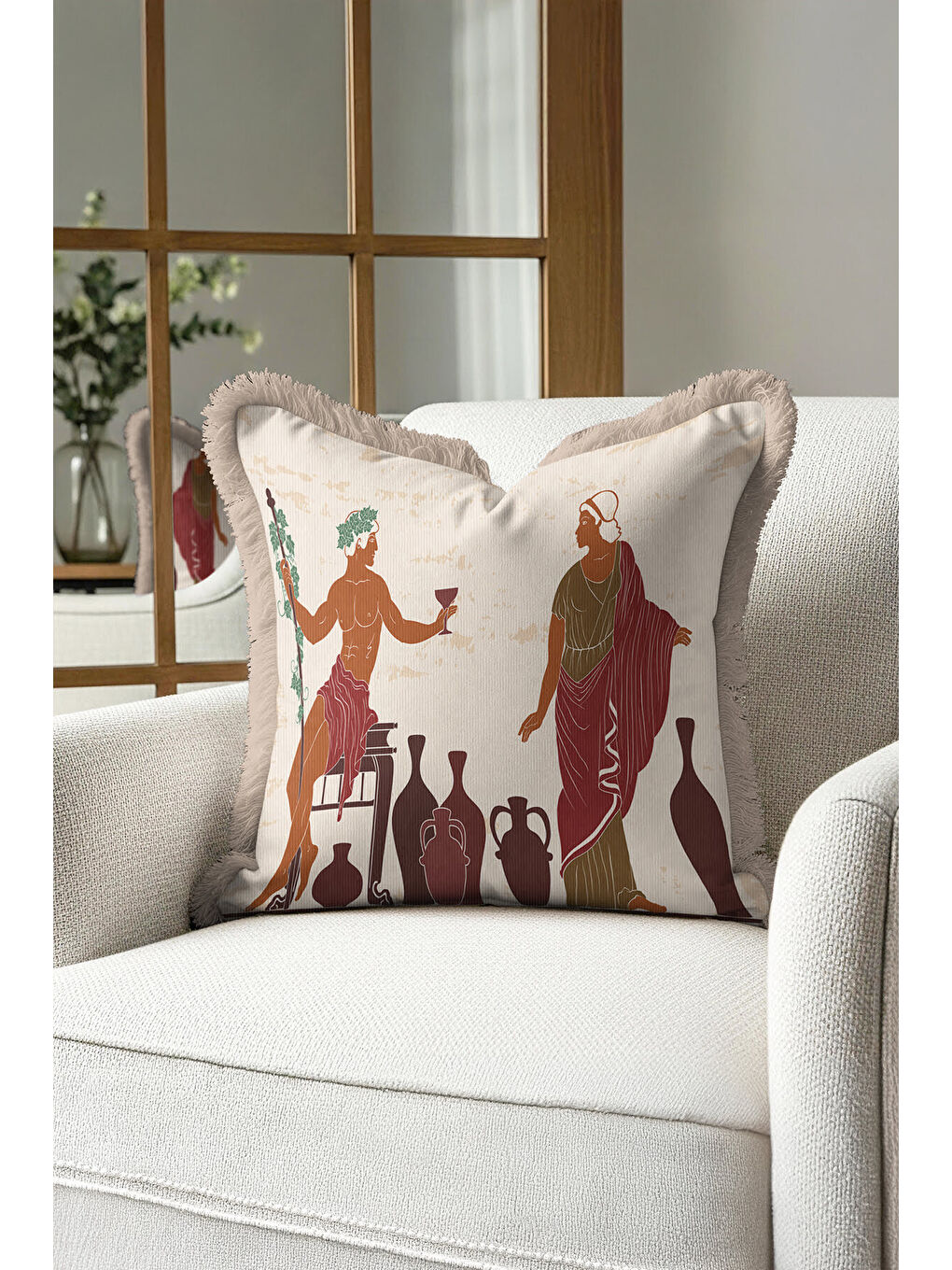 Karışık Antik Yunan Motifli Saçaklı Yastık Kılıfı - Klasik Etnik Bej Bordo Püsküllü Kırlent Kılıfı-2