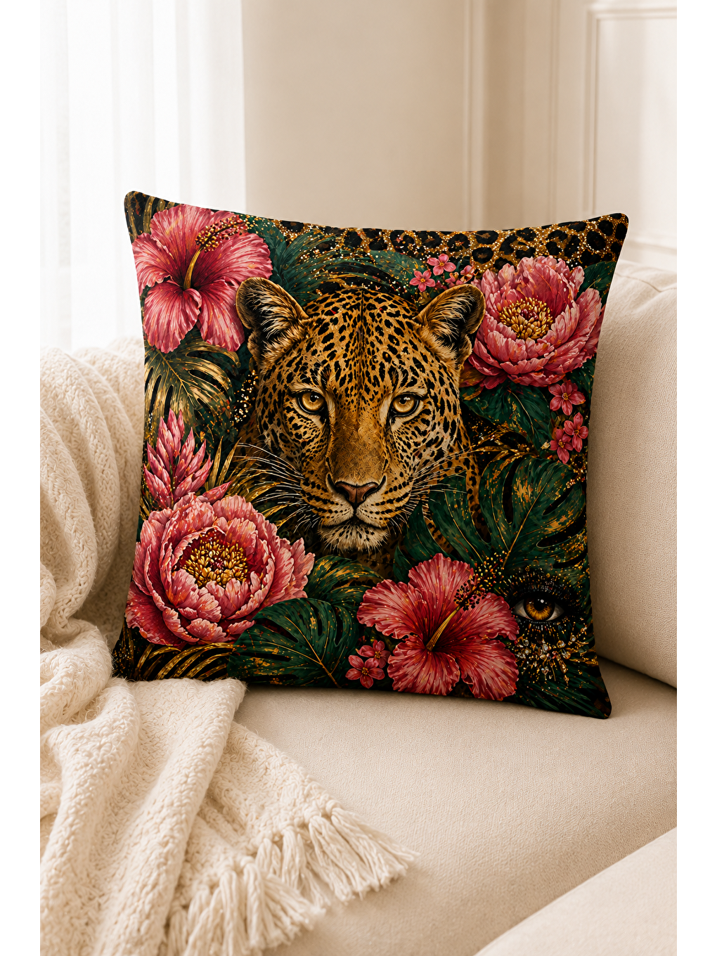 Karışık Tropikal Leopar Ve Kadın Baskılı Dekoratif Kırlent Kılıfı 43x43 Cm Modern Dekor-7