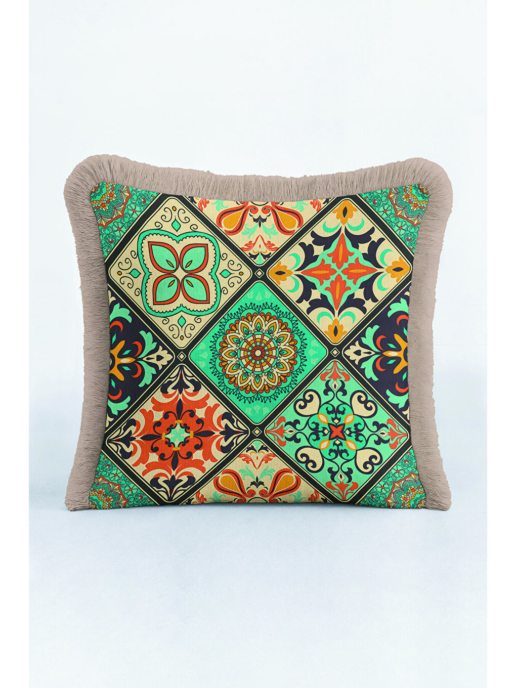 Karışık Avangart Mozaik Saçaklı Yastık Kılıfı - Vintage Etnik Mint Turuncu Gri Püsküllü Kırlent Kılıfı-1