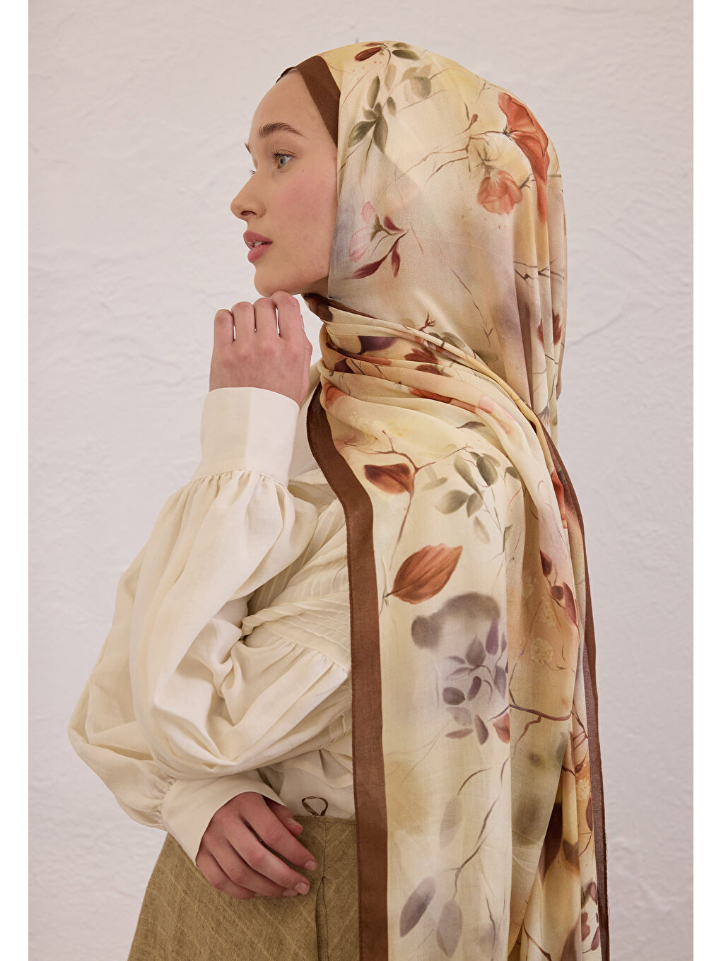 Kahverengi Sweet Wıllıam Desen Rami Şal Kahve-1