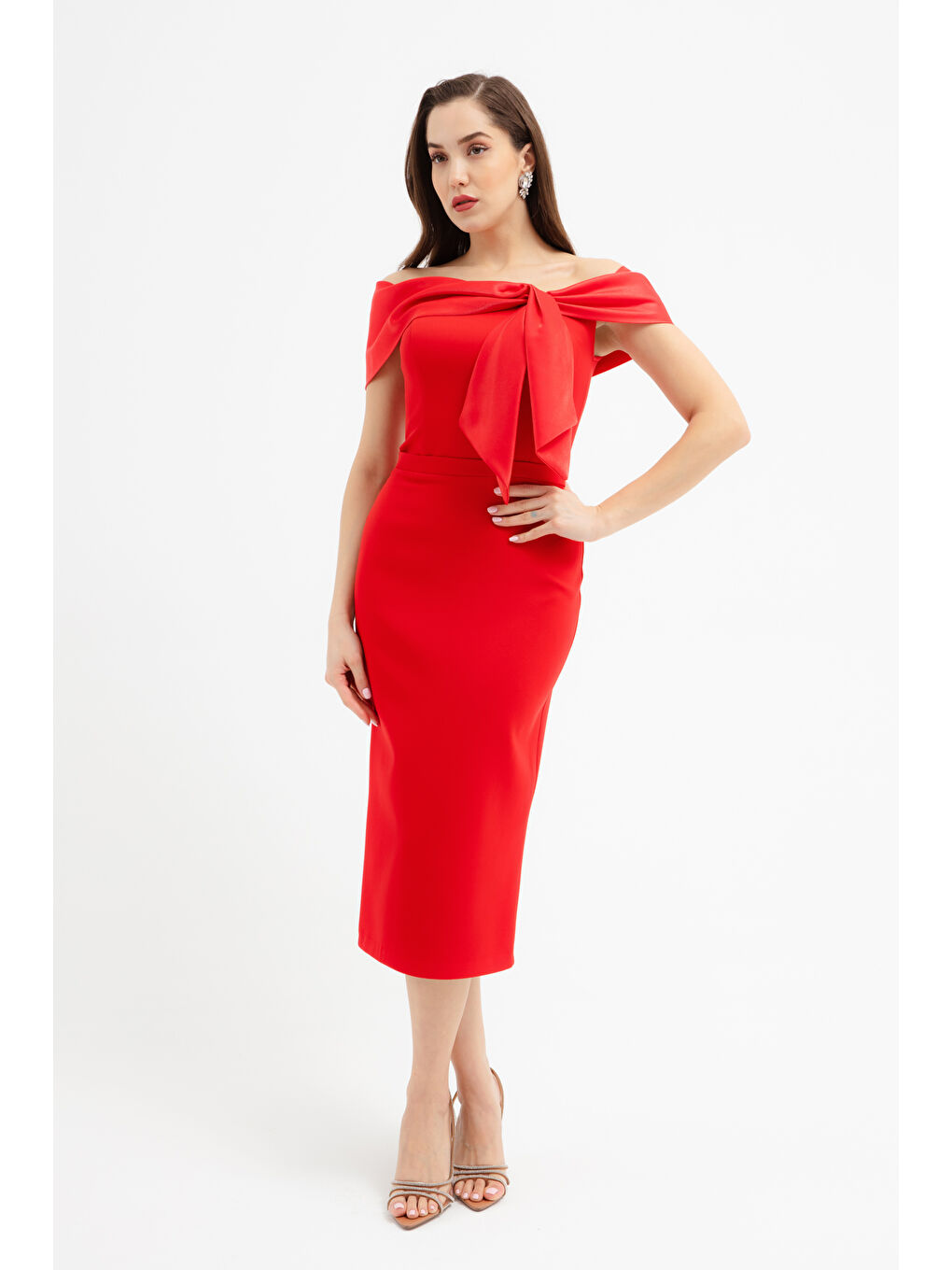 Kadın Kırmızı Yaka Detaylı Söz Nişan Nikah Abiye Elbise-1