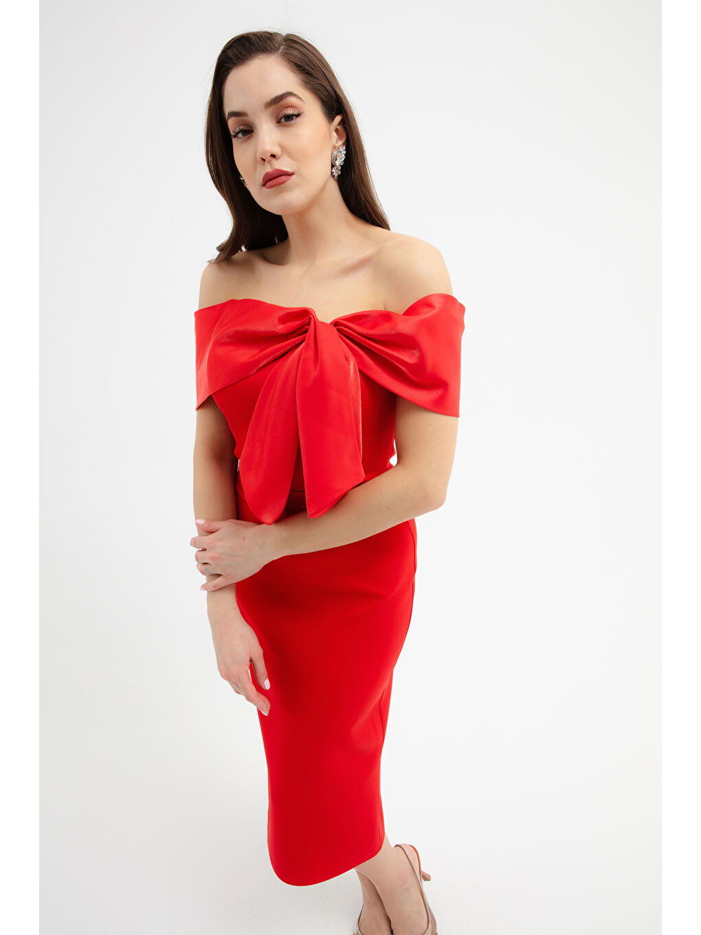 Kadın Kırmızı Yaka Detaylı Söz Nişan Nikah Abiye Elbise-3