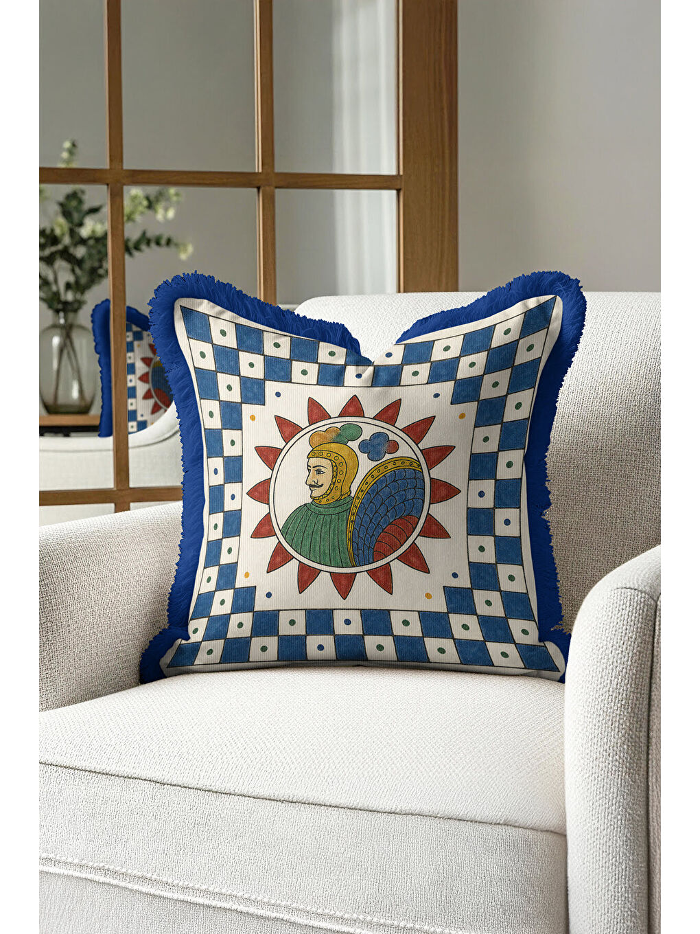 Karışık Saray Motifli Saçaklı Yastık Kılıfı - Mitolojik Figürlü Bohem Mavi Krem Püsküllü Kırlent Kılıfı-4