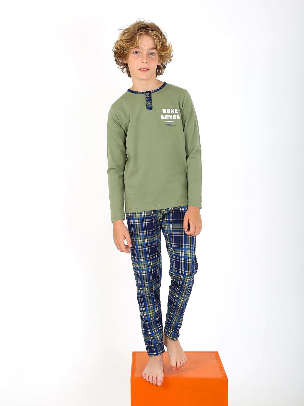 Haki Erkek Çocuk Uzun Kollu %100 Pamuklu Düğme Detaylı Pijama Takımı Next Level-1