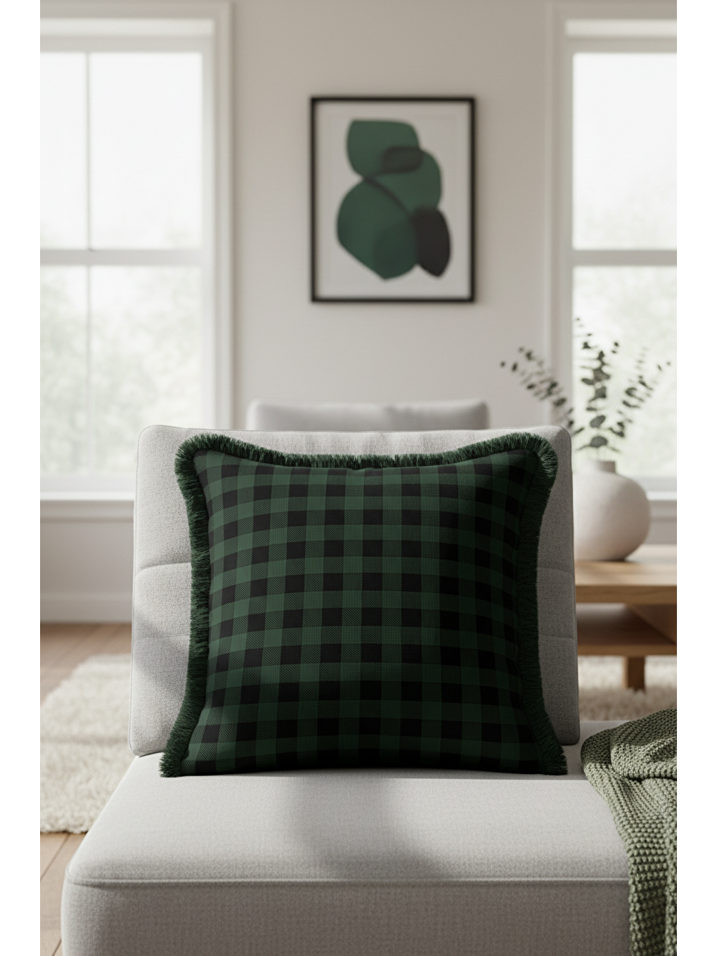 Karışık Lüks Ekose Saçaklı Yastık Kılıfı - Yeşil Kareli Klasik Rustik Püsküllü Kırlent Kılıfı-4