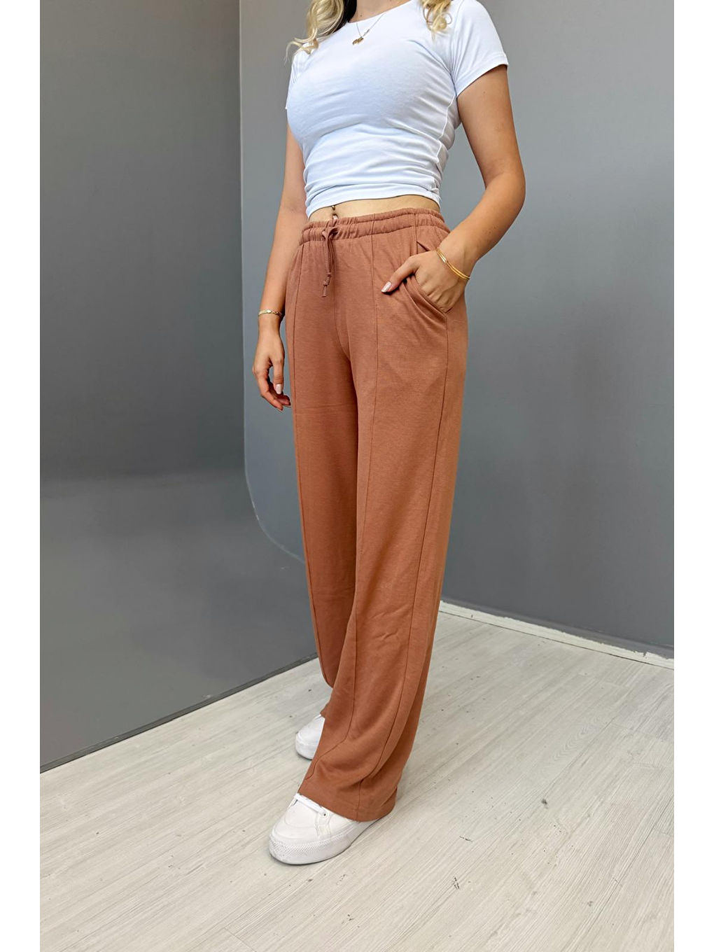 Sarı Kadın Hardal Çımalı 2 Iplik Bol Paça Eşofman Altı-1