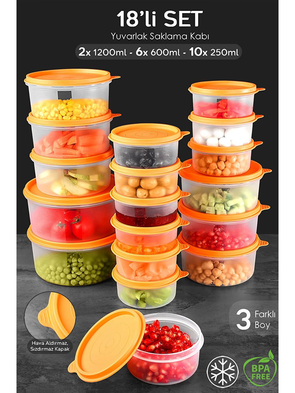 18'li Yuvarlak Gıda Saklama Kabı Seti 10x250 6x600 2x1200 ml Turuncu